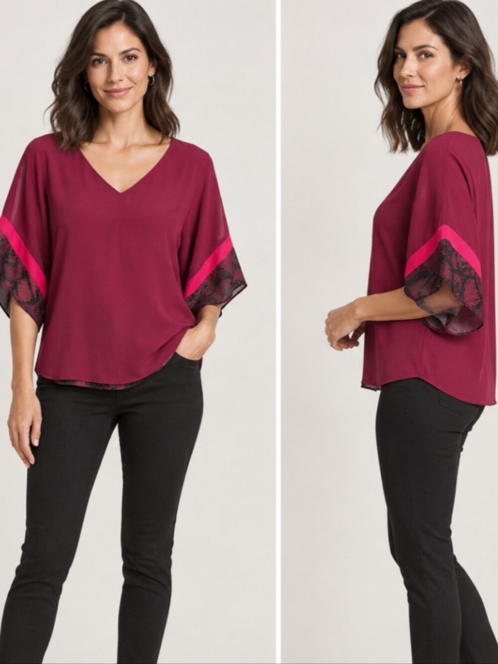 WHBM NWOT Kimono Sleeve Blouse Maroon Pinot Red Snakeskin Pattern Lining